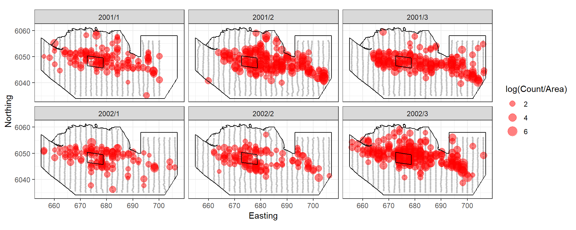 Figure showing the survey effort and proposed windfarm site for the Nysted Windfarm.