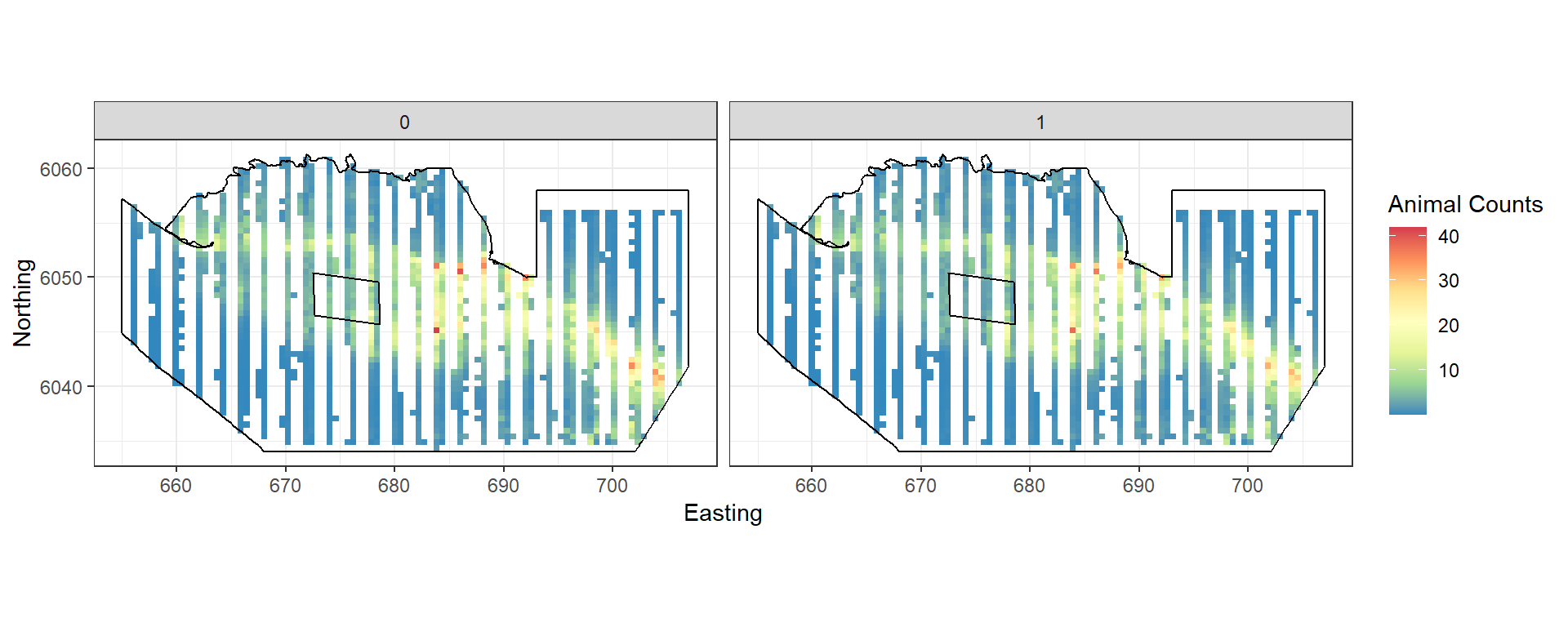Figure showing the mean count for the baseline (0) and post impact (1).